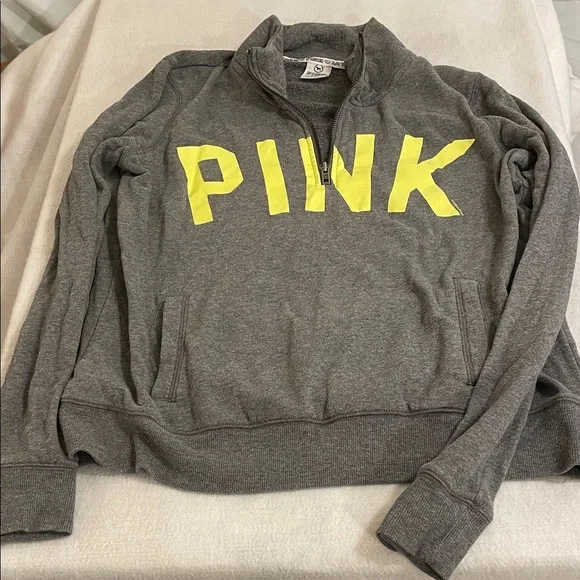Victoria's Secret PINK Gray Pullover with Navy Logo Trim - Picture 1 of 7